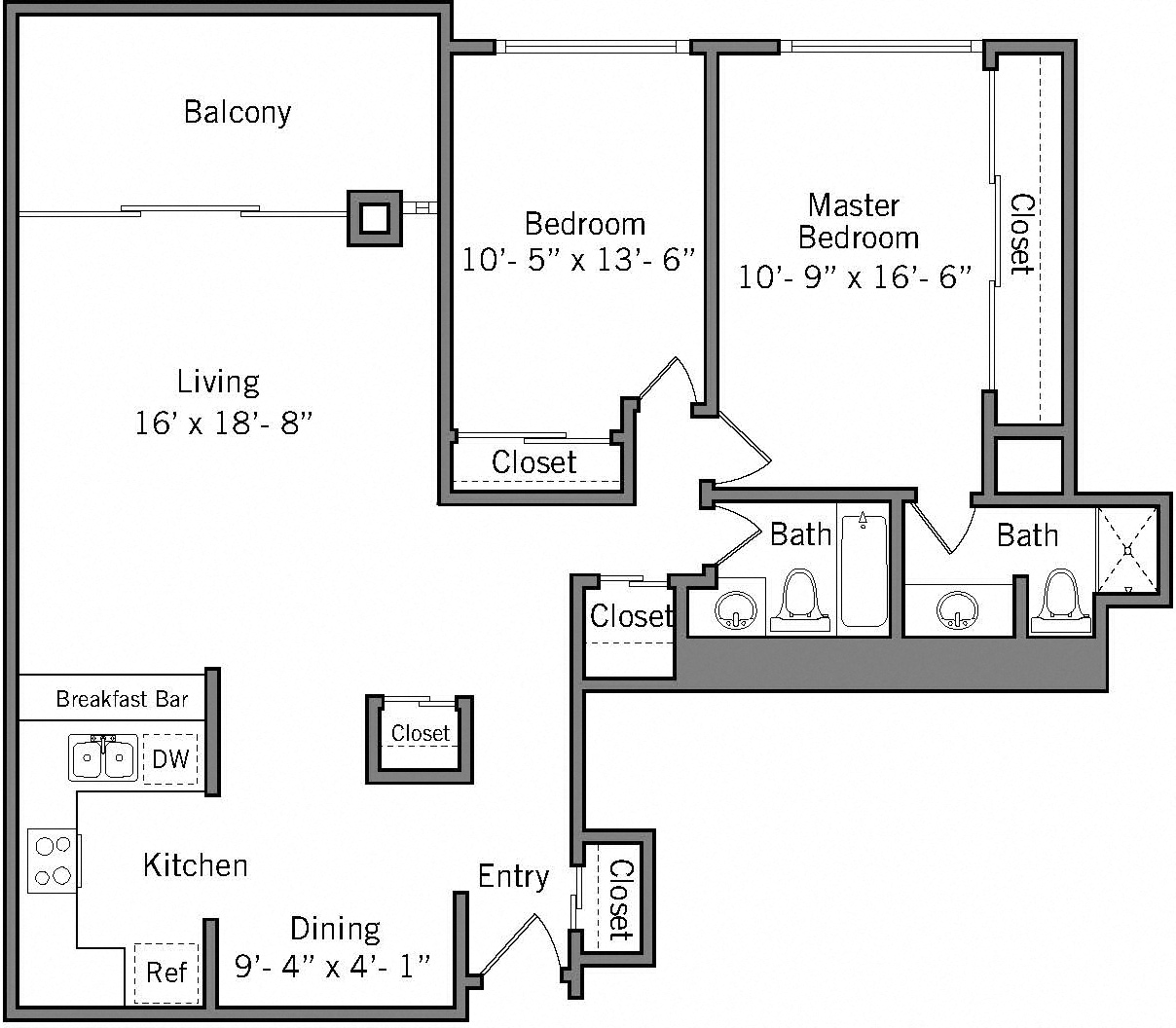 Floor plan for 2 beds, 2 baths, 1174 sqft
